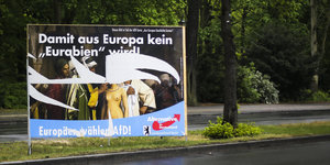 Auf einem zerstörten Wahlplakat der AfD steht "Damit aus Europa kein Eurabien wird"