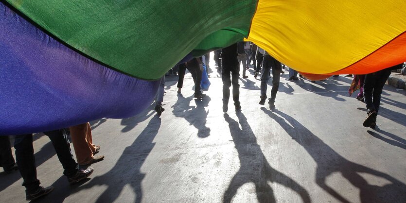 Demonstrierende führen eine Regenbogenfahne