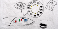 Eine Zeichnung, die das Thema Migration und Dublin-Vertrag visualisieren sollen