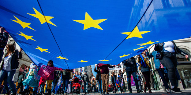 Eine Gruppe trägt eine große EU-Flagge