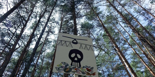 Ein Protestschild mit aufgemalten Totenkopf und Hubschrauber steht in einem Kiefernwald