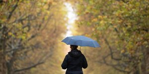 Eine Frau mit einem Schirm im Herbstwald