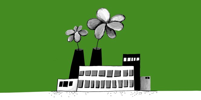 Eine Illustration zeigt ein Kraftwerk, aus dem Blumen kommen