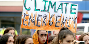 Eine junge Frau hält ein Plakat mit der Aufschrift "Climate Emergency"