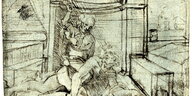 Zeichnung eines Mannes, der auf dem Rücken eines liegenden Mannes sitzt