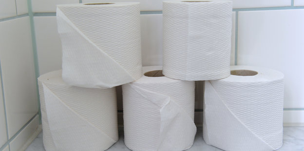 Toilettenpapier, gestapelt, auf einem Schulklo