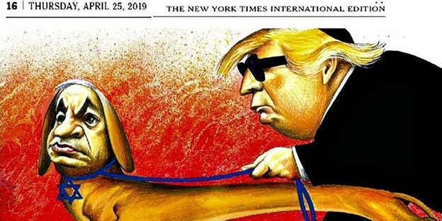 Eine Karikatur zeigt Donald Trump mit einer Kippa, er hält Benjamin Netanjahu als Hund Eine Karikatur zeigt Donald Trump mit einer Kippa, er hält Benjamin Netanjahu als Hund