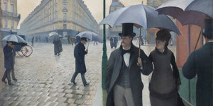 Ausschnitt aus dem Gemälde von Caillebotte: Ein Paar im Regenschirm im Vordergrund, dahinter die Stadt