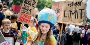 Schülerinnen und Schüler demonstrieren mit Protestplakaten beim Fridays for Future