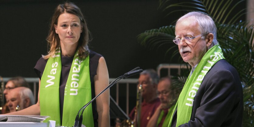 Die Journalistin Anja Reschke und Kirchentagspraesident Hans Leyendecker auf dem Kirchentag