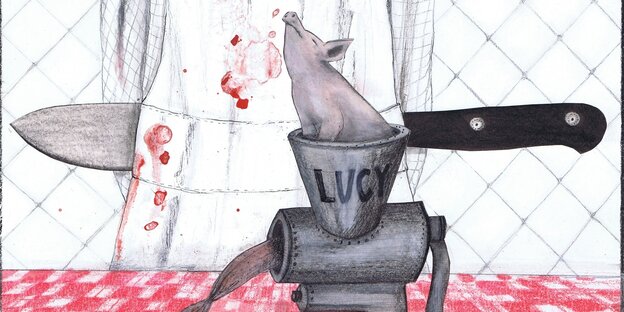 Zeichung eines Ferkels, das in einem Fleischwolf sitzt, dahinter ein Mensch mit blutiger Schürze, hinter dem Rück ein Messer
