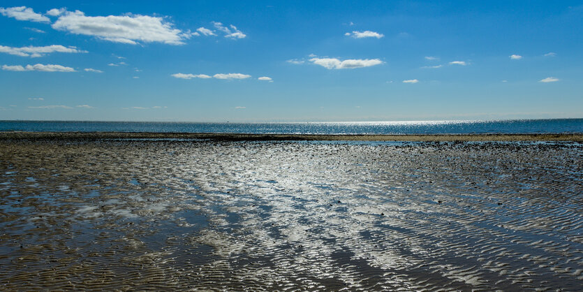 Die Sonne spiegelt sich im Wattenmeer auf Sylt am sogenannten Ellenbogen.