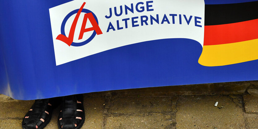 Eine Fahne mit dem Logo der Jungen Alternative