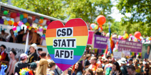 Ein CSD-Teilnehmer hält ein Schild mit der Aufschrift "CSD statt AfD!" auf der Parade zum Christopher Street Day 2018 in Berlin