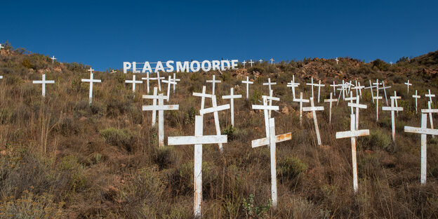 Weiße Kreuze stecken als Grabfeld in einem Hügel