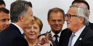 Jean-Claude Juncker, Mauricio Macri, Angela Merkel und Donald Tusk bei G20 in Osaka, Japan