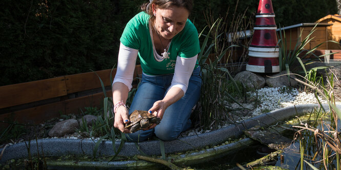 Ein Frau mit Schildkröte in der Hand kniet vor einem Gartenteil