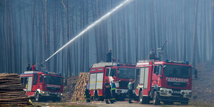 Feuerwehrleute löschen in der Nähe der evakuierten Ortschaft Alt Jabel einen großflächigen Waldbrand.