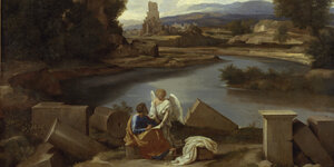 Ausschnitt des Gemäldes „Landschaft mit Matthäus und dem Engel“ von Nicolas Poussin. Ein Engel steht neben Matthäus und diktiert ihm das Evangelium.
