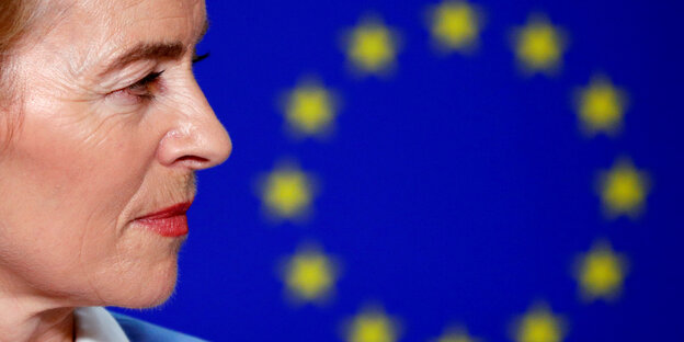 Ursula von der Leyen im Profil vor der Europaflagge
