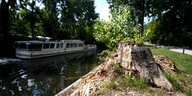 Stadtbäume in Berlin werden immer weniger: Ein Baumstumpf steht am Landwehrkanal, auf dem gerade ein Ausflugsschiff fährt