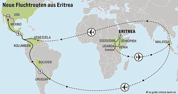 Weltkarte mit eingezeichneten Fluchtrouten aus Eritrea in die USA Weltkarte mit eingezeichneten Fluchtrouten aus Eritrea in die USA