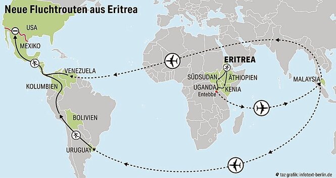 Weltkarte mit eingezeichneten Fluchtrouten aus Eritrea in die USA