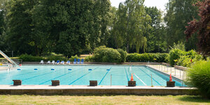 Ein Schwimmbecken mit blauem Wasser ist von grünen Büschen und Bäumen umgeben