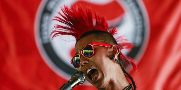 Punk-Sänger mit rotem Iro singt vor einer Antifaflagge