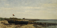 Das Bild "Ahrenshoop an der Küste" zeigt ein Boot, das an einem verlassenen Strand liegt.