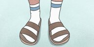 Eine Zeichnung zeigt sockentragende Füße in Sandalen