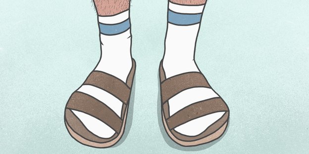 Eine Zeichnung zeigt sockentragende Füße in Sandalen Eine Zeichnung zeigt sockentragende Füße in Sandalen