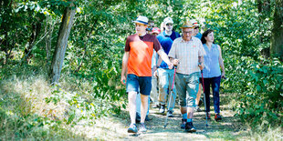 Eine Gruppe Mäner und Frauen laufen durch einen Wald