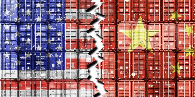 US-Flagge und chinesische Fahne auf Containern projiziert, beide sind durch einen Riss getrennt