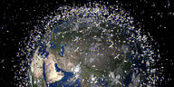 Eine Animation der Weltkugel mit Satelliten die ums sie schweben