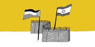 Zeichnung: Eine israelische und eine palästinensische Fahne stehen sich gegenüber, zwischen ihnen zieht sich eine Mauer über das Land