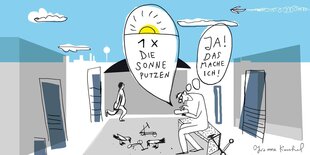 Eine Illustration, die einen Mikrojobber zeigt, der den Job annimmt, die Sonne zu putzen. Um ihn herum liegen E-Scooter auf dem Boden