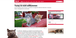 Das Bild zeigt einen Artikel über Trump auf der Webseite der taz, die Bilder und Werbeanzeigen wurden durch Katzenbilder ersetzt