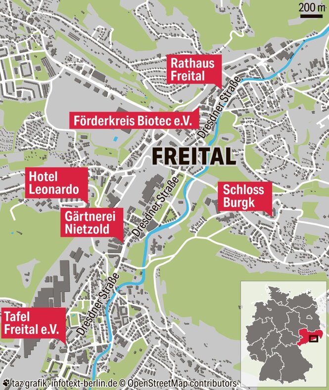 Eine Karte von freital, auf der die Dresdner Straße und die einzelnen Stationen des Artikels dargestellt sind