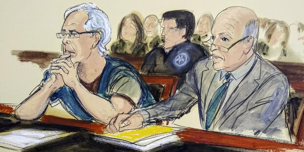 Gerichtszeichnung: Jeffrey Epstein sitzt neben seinem Anwalt auf der Anklagebank