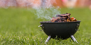 Ein mit Fleischstücken belegter Grill steht auf einer Wiese