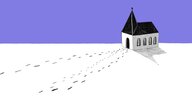 Zeichnung einer Kirche, zu der Fußspuren hin und davon weg führen