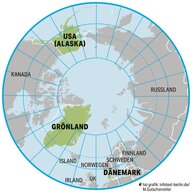 Eine Grafik der Welt mit Fokus auf Grönland und USA - beide grün markiert