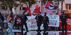 Polizisten stehen vor Menschen mit Bannern und Antifa-Flaggen