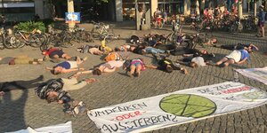 Bei der Aktion von Extinction Rebellion liegen mehrere junge Menschen in Dresden auf dem Boden