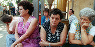 Drei Frauen um die 40, 50 Jahre alt sitzen 1991 auf Stühlen und machen verdrossene Gesichter