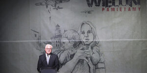 Frank-Walter Steinmeier hinter dem Redenerpult, im Hintergrund eine Zeichnung auf der Eien Frau mit Kind zu sehen ist, am Himmel ein Flugzeug mit Bomben.