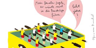 Ein Tischkicker, in der Abwehrreihe sagt ein Spieler zum anderen, sein Spielerberater habe ihm versprochen, ihn in die Bundesliga zu führen