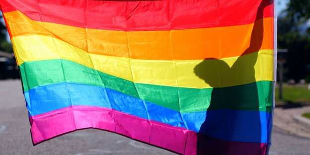 Eine Person hält eine Regenbogenflagge
