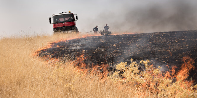 Brennendes Feld, Feuerwehrauto im Hintergrund